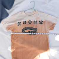 medium | avocado-dyed thrifted t-shirt with binoculars and quilt star blockprints