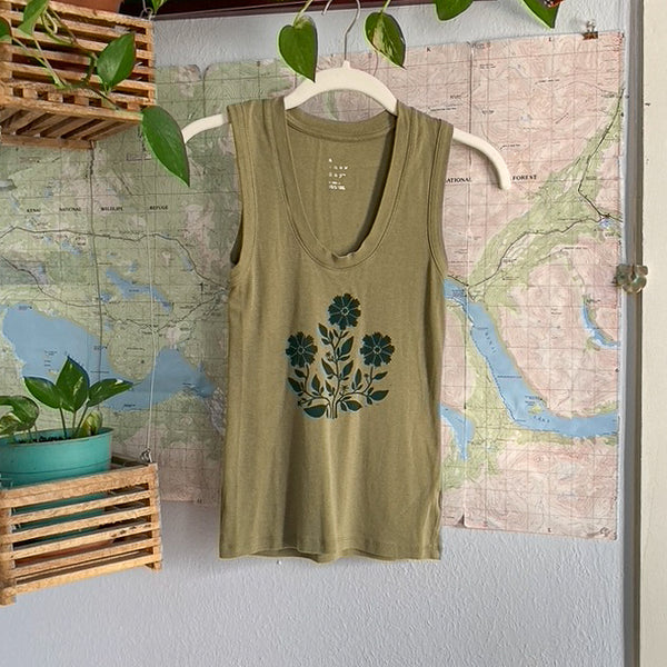 xxs | thrifted and blockprinted green tank top