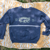 large | thrifted and printed slate blue sweatshirt with binoculars blockprint