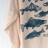 medium | thrifted tan sweatshirt with blockprinted salmon design