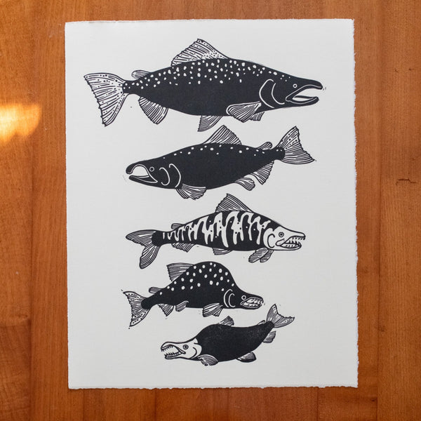 Salmon Linocut Block Print — Our Wild Puget Sound